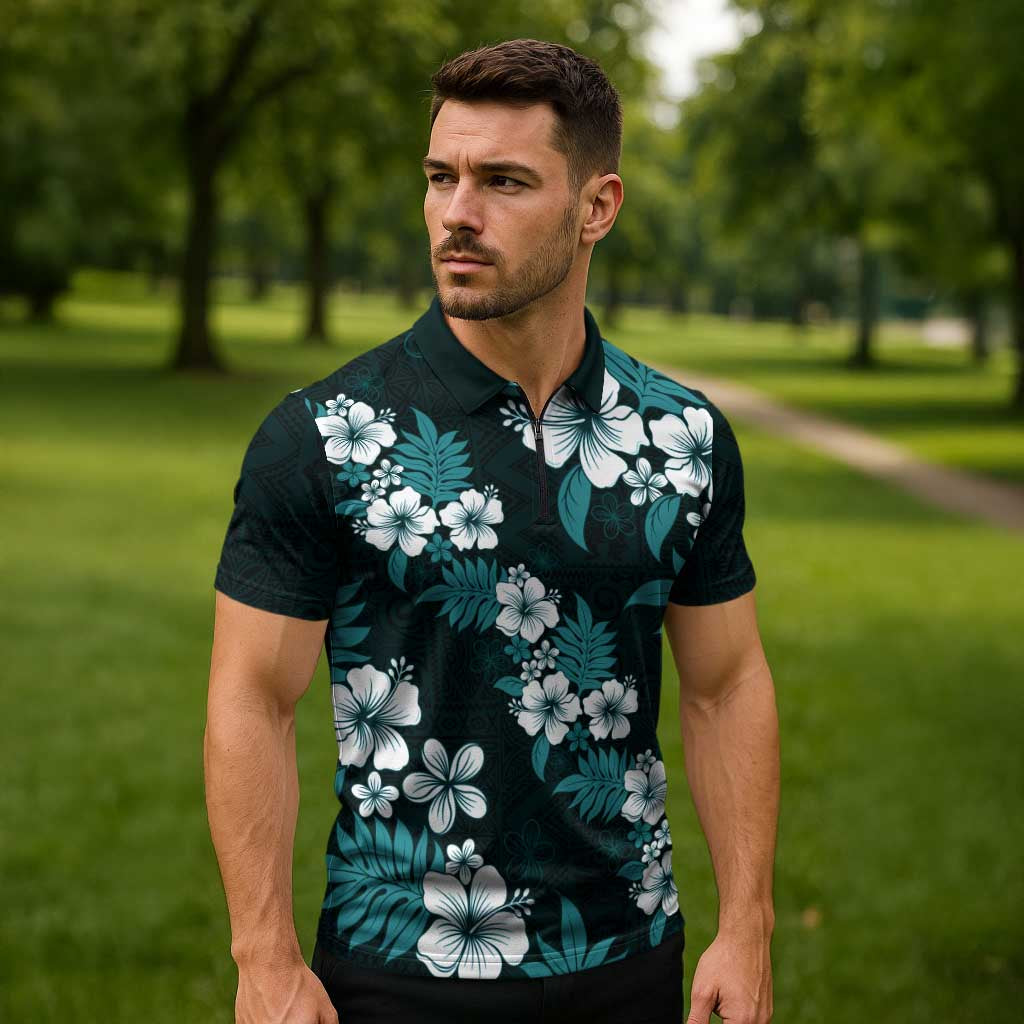 Hawaiian Hibiscus Tribal Floral Teal Zipper Polo Shirt Polynesian Tapa Pattern - Polynesian Pride