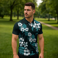 Hawaiian Hibiscus Tribal Floral Teal Zipper Polo Shirt Polynesian Tapa Pattern - Polynesian Pride