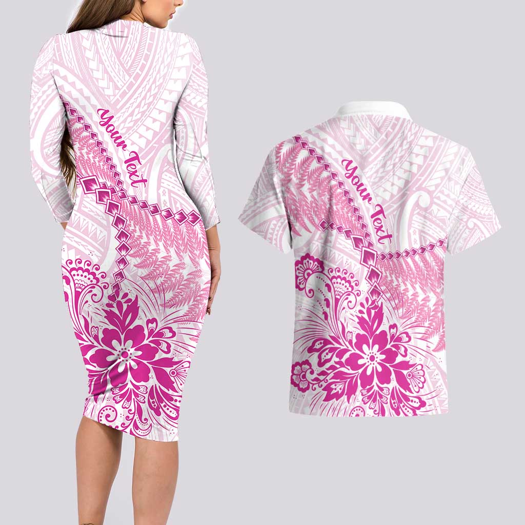 Personalised New Zealand Pink Fern Breast Cancer Couples Matching Long Sleeve Bodycon Dress and Hawaiian Shirt Polynesian Pattern