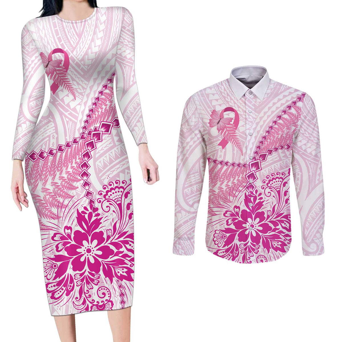 Personalised New Zealand Pink Fern Breast Cancer Couples Matching Long Sleeve Bodycon Dress and Long Sleeve Button Shirt Polynesian Pattern LT01 Pink - Polynesian Pride