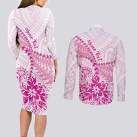 Personalised New Zealand Pink Fern Breast Cancer Couples Matching Long Sleeve Bodycon Dress and Long Sleeve Button Shirt Polynesian Pattern LT01 - Polynesian Pride