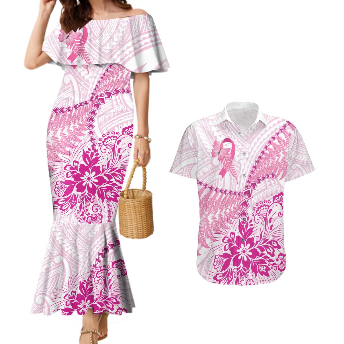 Personalised New Zealand Pink Fern Breast Cancer Couples Matching Mermaid Dress and Hawaiian Shirt Polynesian Pattern