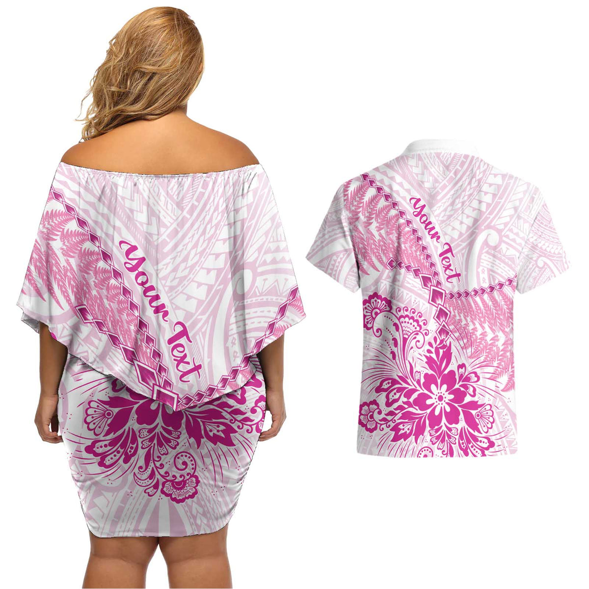 Personalised New Zealand Pink Fern Breast Cancer Couples Matching Off Shoulder Short Dress and Hawaiian Shirt Polynesian Pattern