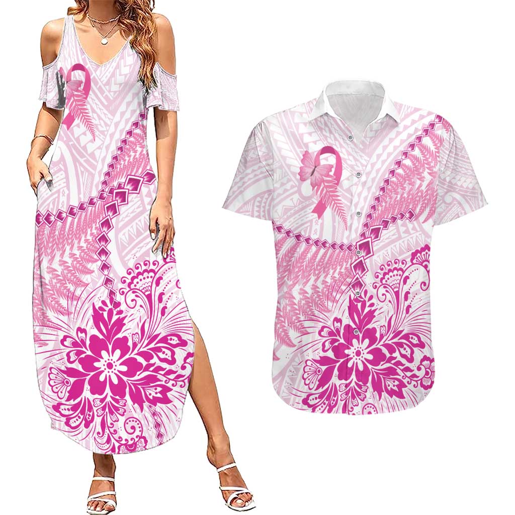 Personalised New Zealand Pink Fern Breast Cancer Couples Matching Summer Maxi Dress and Hawaiian Shirt Polynesian Pattern LT01 Pink - Polynesian Pride