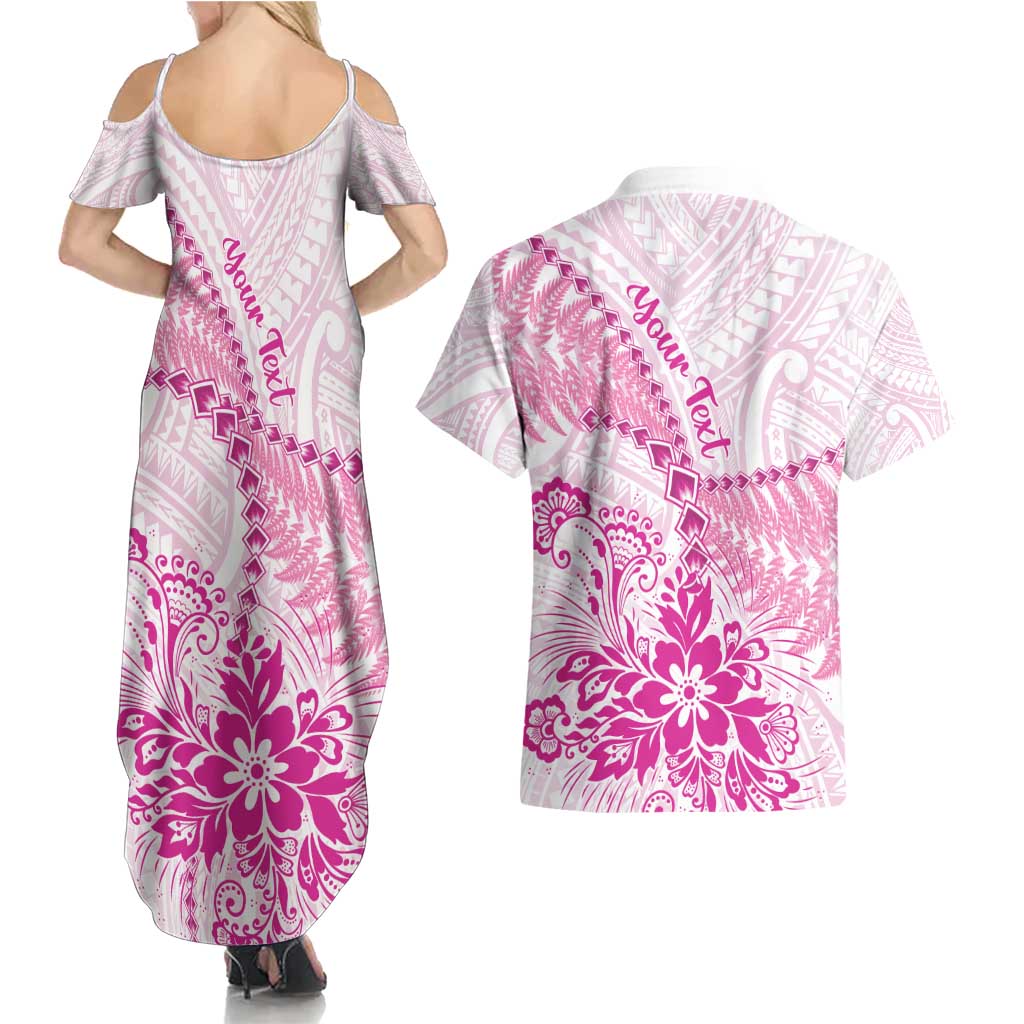 Personalised New Zealand Pink Fern Breast Cancer Couples Matching Summer Maxi Dress and Hawaiian Shirt Polynesian Pattern LT01 - Polynesian Pride