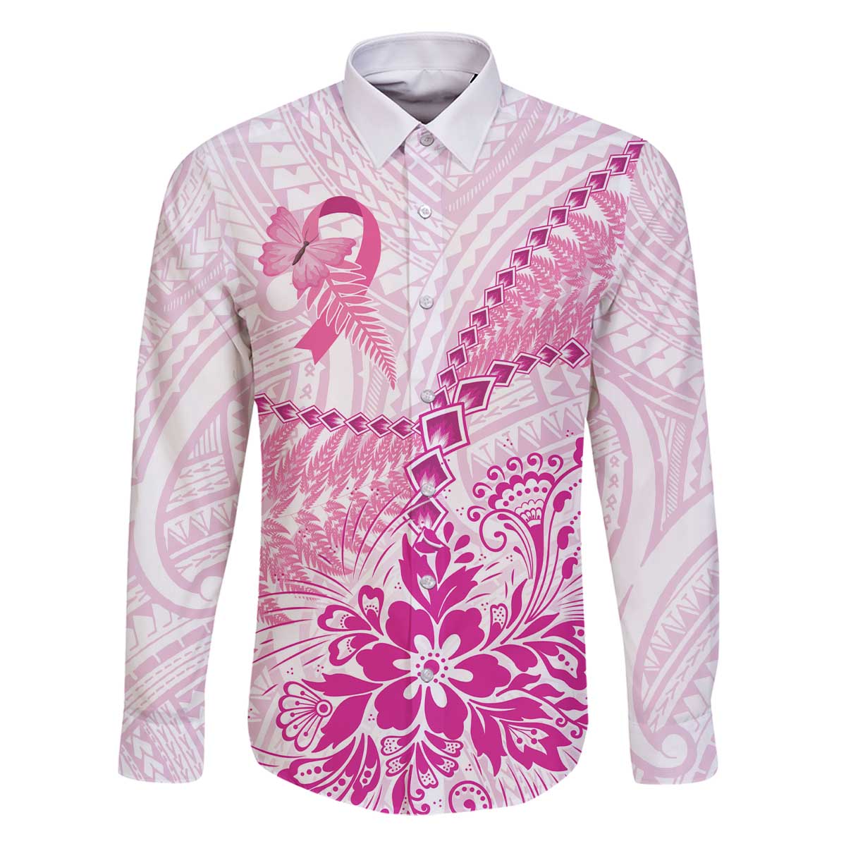 Personalised New Zealand Pink Fern Breast Cancer Family Matching Off The Shoulder Long Sleeve Dress and Hawaiian Shirt Polynesian Pattern