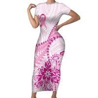 Personalised New Zealand Pink Fern Breast Cancer Family Matching Short Sleeve Bodycon Dress and Hawaiian Shirt Polynesian Pattern