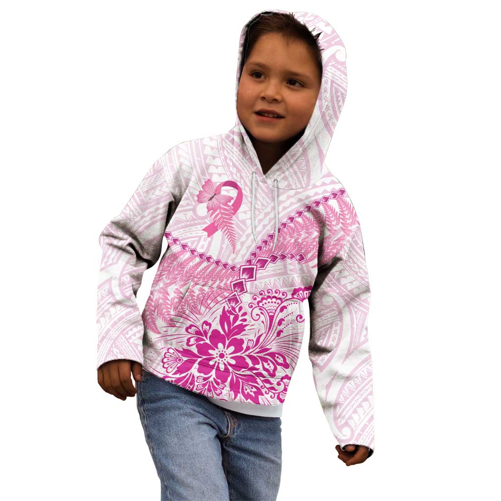 Personalised New Zealand Pink Fern Breast Cancer Kid Hoodie Polynesian Pattern