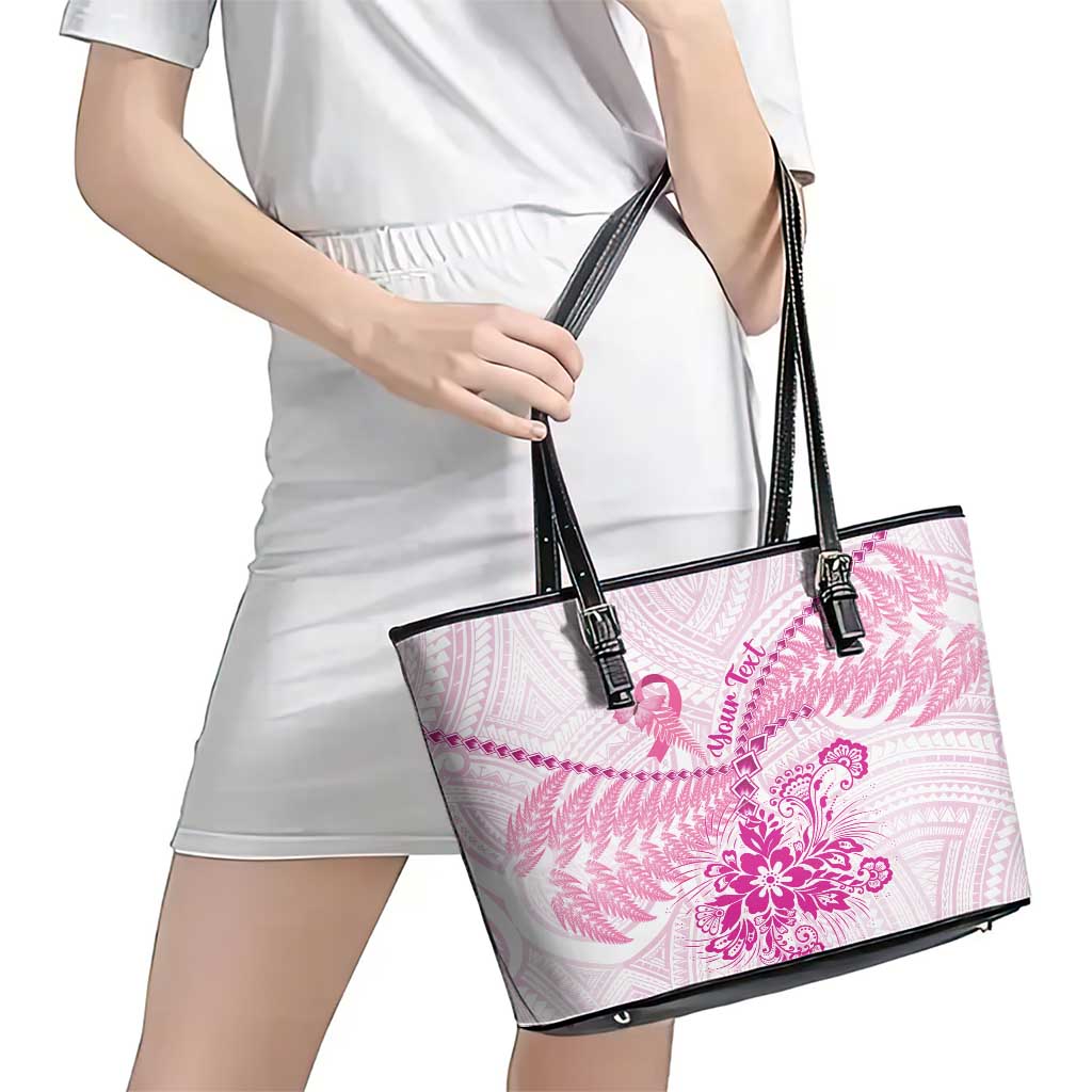Personalised New Zealand Pink Fern Breast Cancer Leather Tote Bag Polynesian Pattern