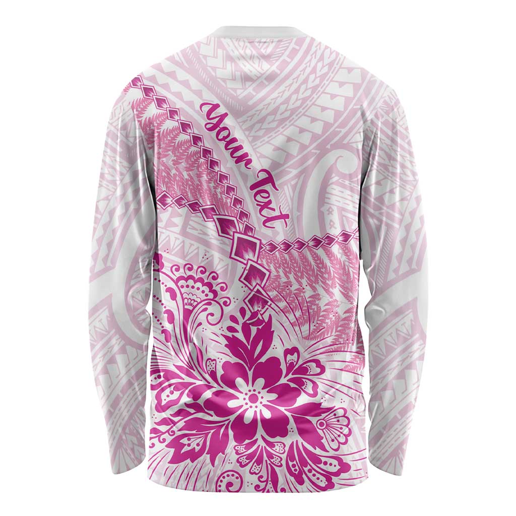 Personalised New Zealand Pink Fern Breast Cancer Long Sleeve Shirt Polynesian Pattern