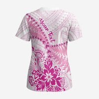 Personalised New Zealand Pink Fern Breast Cancer Scrub Top Polynesian Pattern - Polynesian Pride