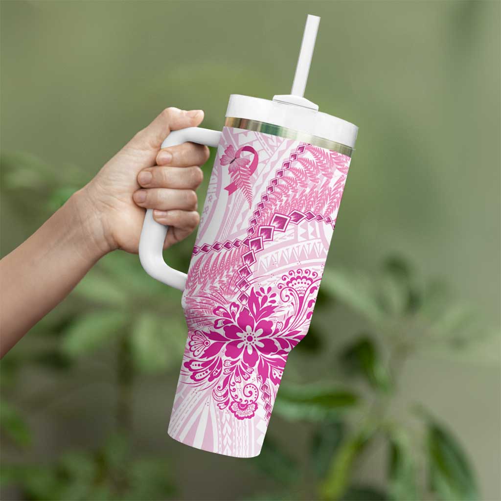 Personalised New Zealand Pink Fern Breast Cancer Tumbler With Handle Polynesian Pattern LT01 - Polynesian Pride