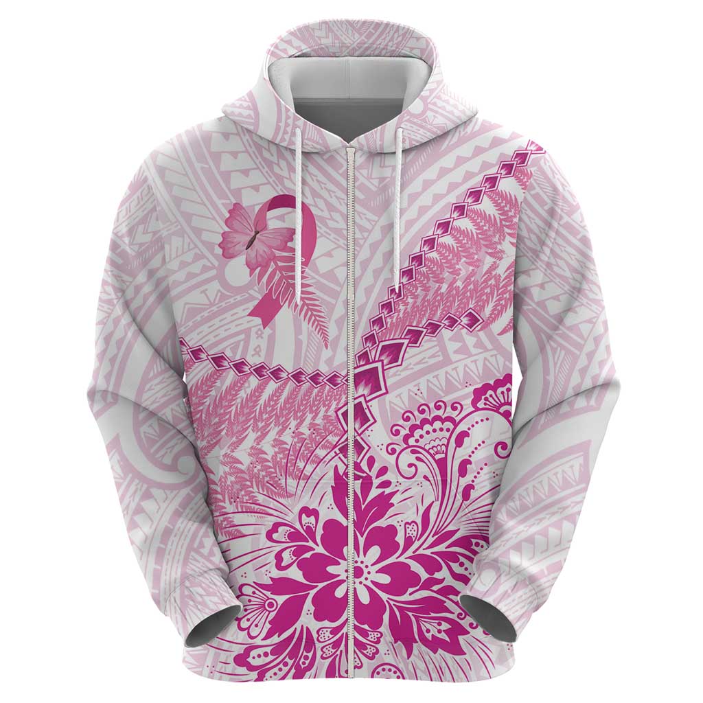 Personalised New Zealand Pink Fern Breast Cancer Zip Hoodie Polynesian Pattern