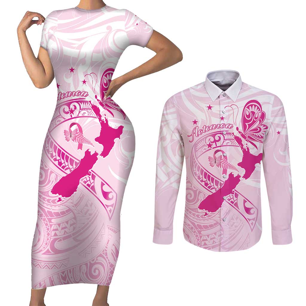 Personalised Aotearoa Breast Cancer Couples Matching Short Sleeve Bodycon Dress and Long Sleeve Button Shirt New Zealand Maori Pattern LT01 Pink - Polynesian Pride