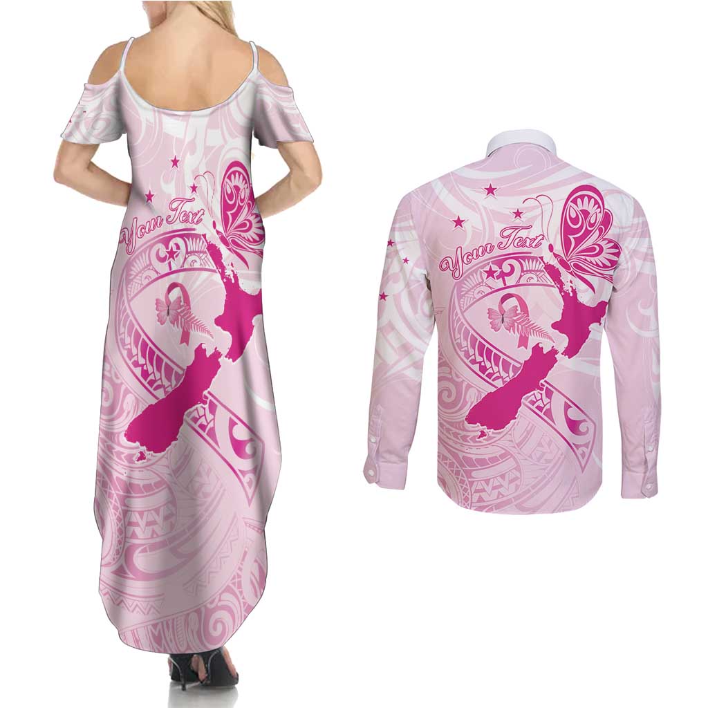 Personalised Aotearoa Breast Cancer Couples Matching Summer Maxi Dress and Long Sleeve Button Shirt New Zealand Maori Pattern