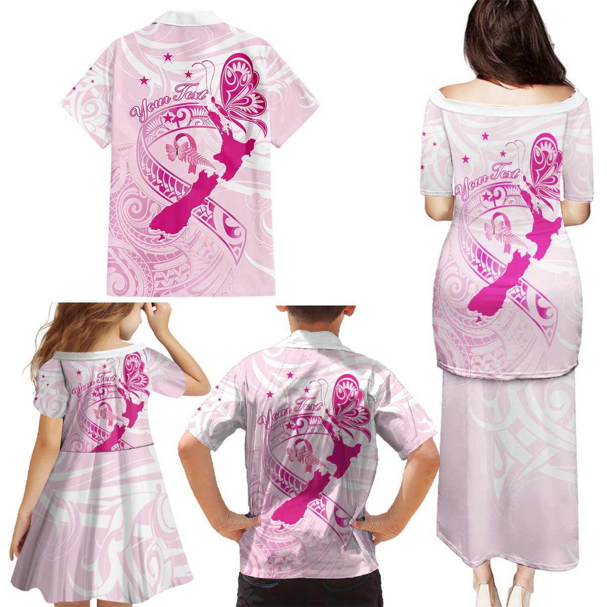 Personalised Aotearoa Breast Cancer Family Matching Puletasi and Hawaiian Shirt New Zealand Maori Pattern