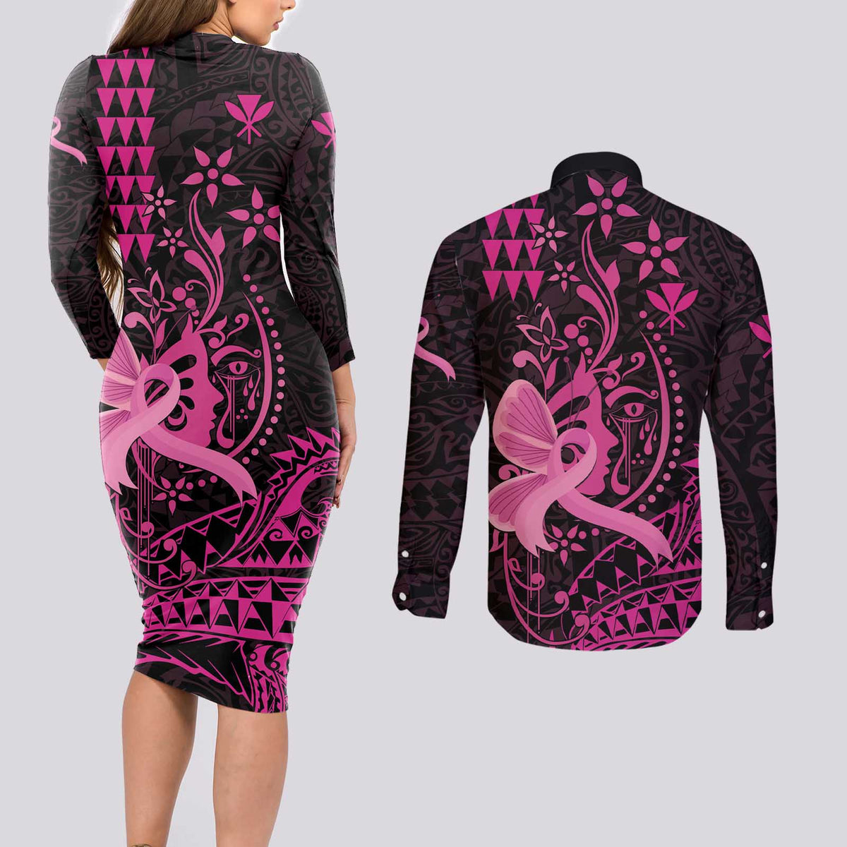 Hawaii Breast Cancer Couples Matching Long Sleeve Bodycon Dress and Long Sleeve Button Shirt Girl Floral Kakau Pattern