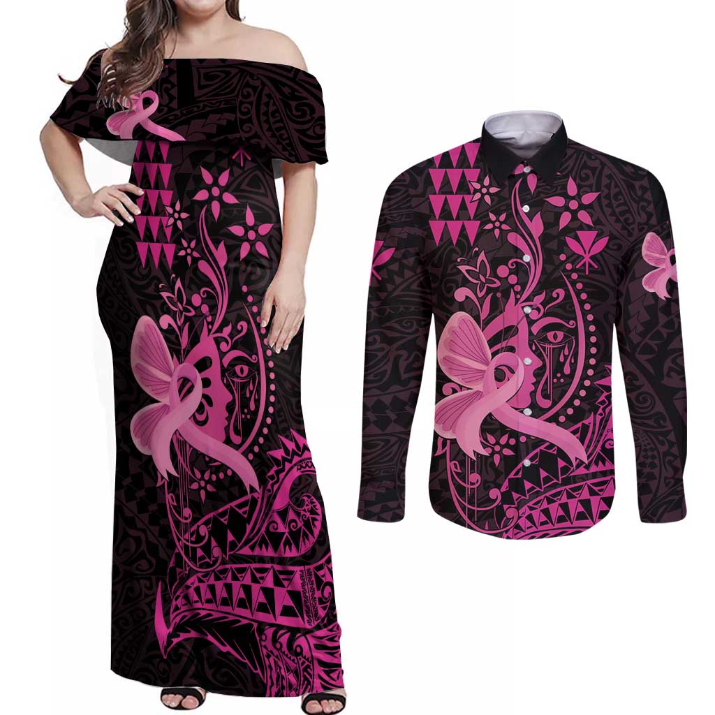Hawaii Breast Cancer Couples Matching Off Shoulder Maxi Dress and Long Sleeve Button Shirt Girl Floral Kakau Pattern