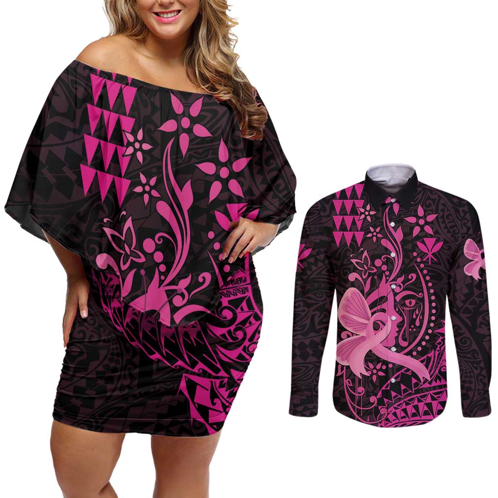 Hawaii Breast Cancer Couples Matching Off Shoulder Short Dress and Long Sleeve Button Shirt Girl Floral Kakau Pattern