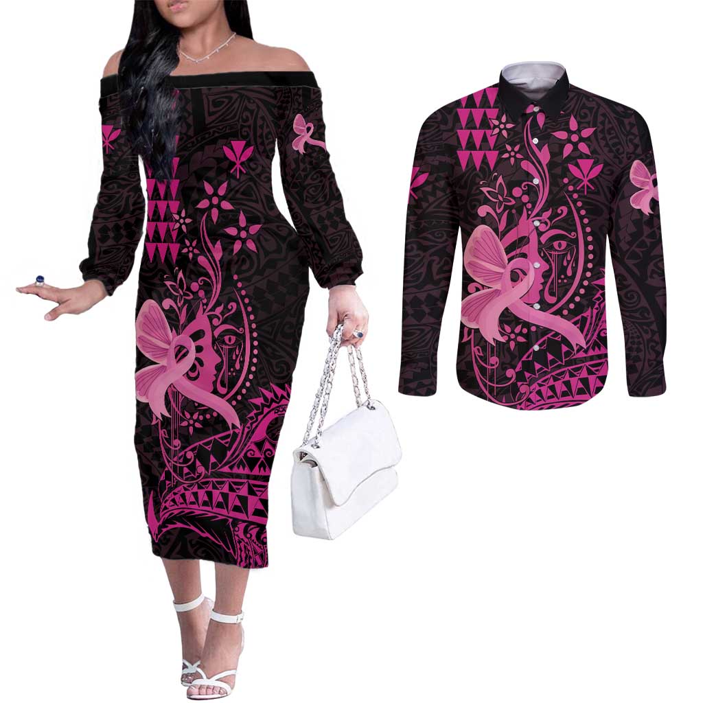 Hawaii Breast Cancer Couples Matching Off The Shoulder Long Sleeve Dress and Long Sleeve Button Shirt Girl Floral Kakau Pattern