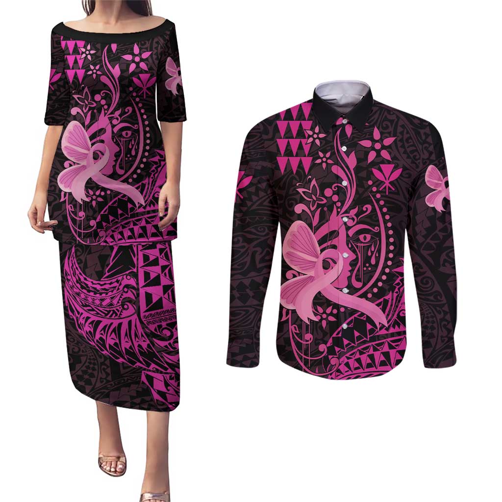 Hawaii Breast Cancer Couples Matching Puletasi and Long Sleeve Button Shirt Girl Floral Kakau Pattern