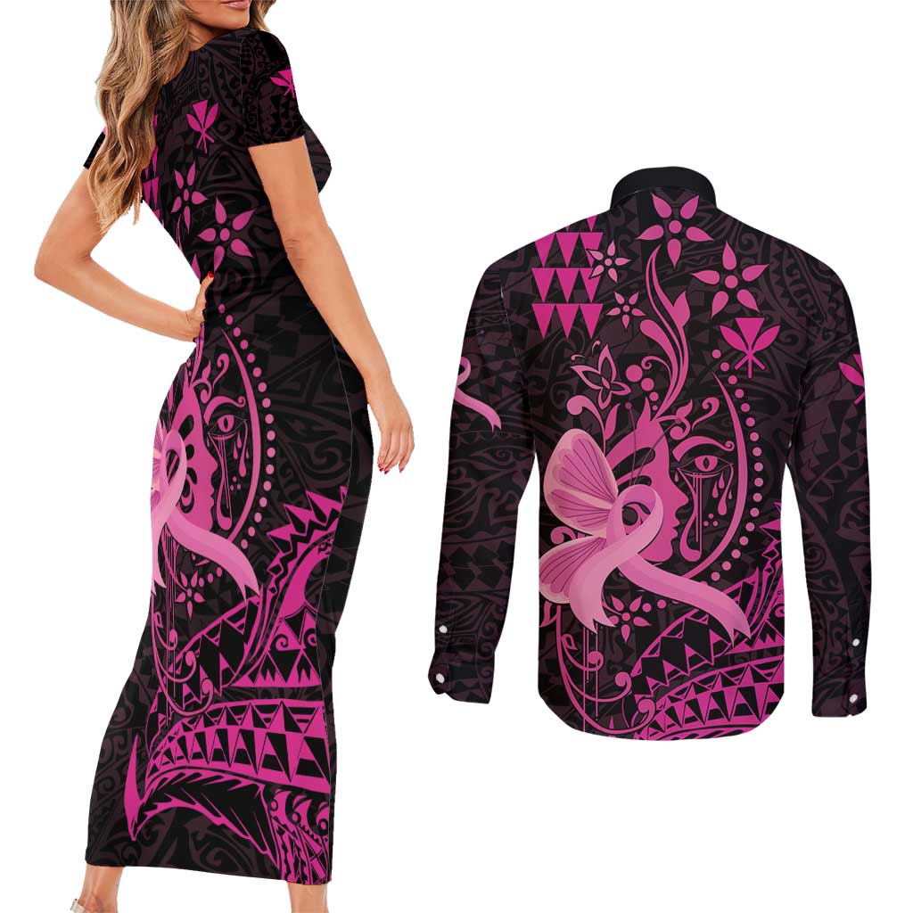 Hawaii Breast Cancer Couples Matching Short Sleeve Bodycon Dress and Long Sleeve Button Shirt Girl Floral Kakau Pattern