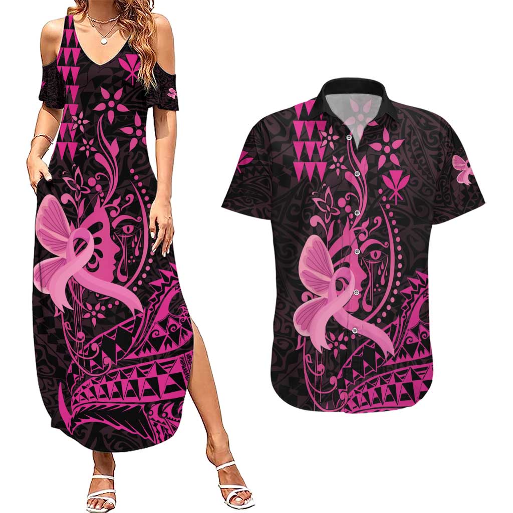 Hawaii Breast Cancer Couples Matching Summer Maxi Dress and Hawaiian Shirt Girl Floral Kakau Pattern