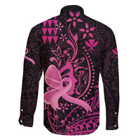 Hawaii Breast Cancer Family Matching Off The Shoulder Long Sleeve Dress and Hawaiian Shirt Girl Floral Kakau Pattern