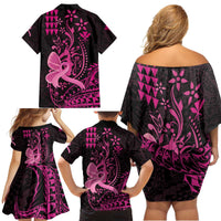 Hawaii Breast Cancer Family Matching Off Shoulder Short Dress and Hawaiian Shirt Girl Floral Kakau Pattern