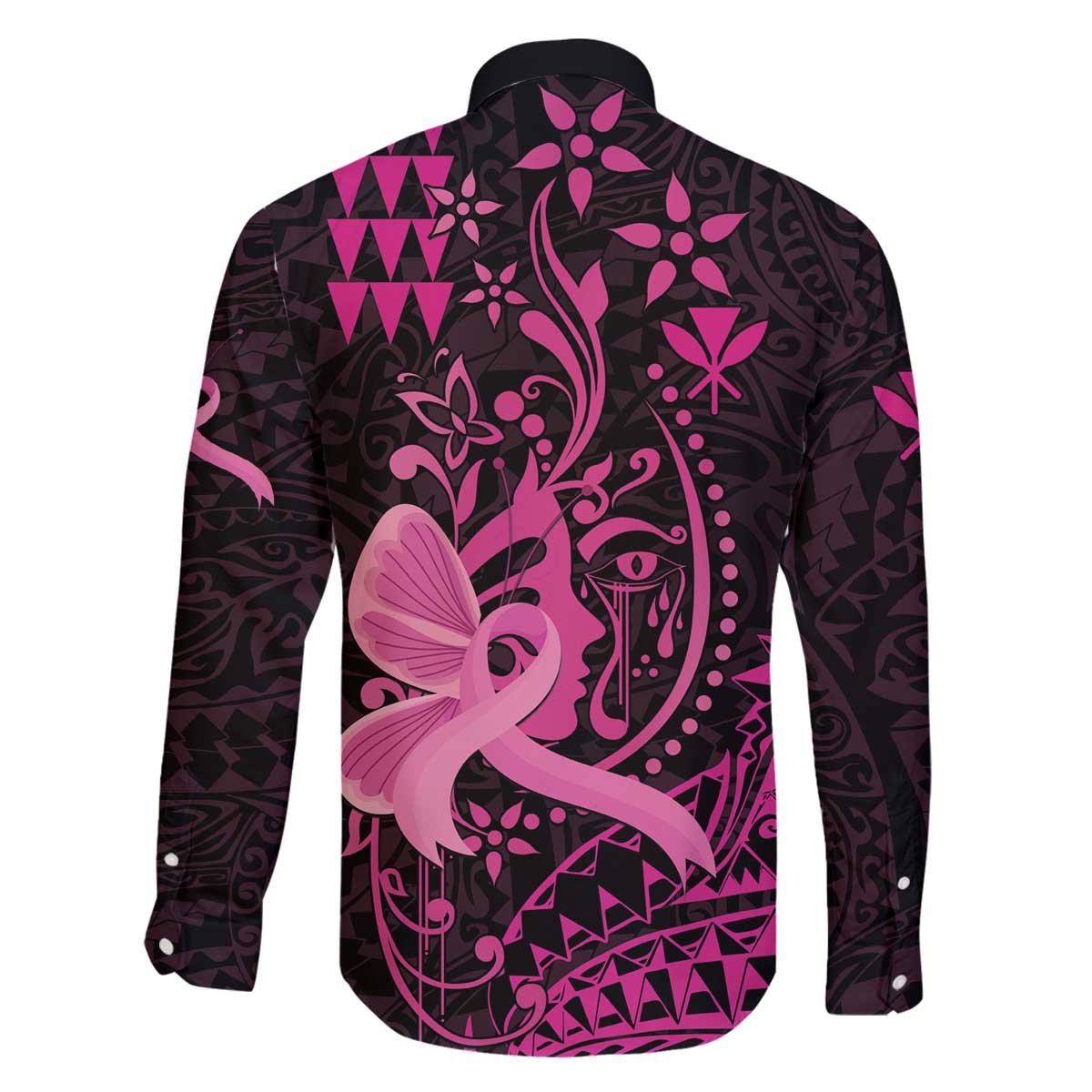 Hawaii Breast Cancer Family Matching Puletasi and Hawaiian Shirt Girl Floral Kakau Pattern