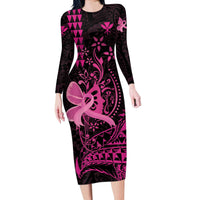 Hawaii Breast Cancer Long Sleeve Bodycon Dress Girl Floral Kakau Pattern