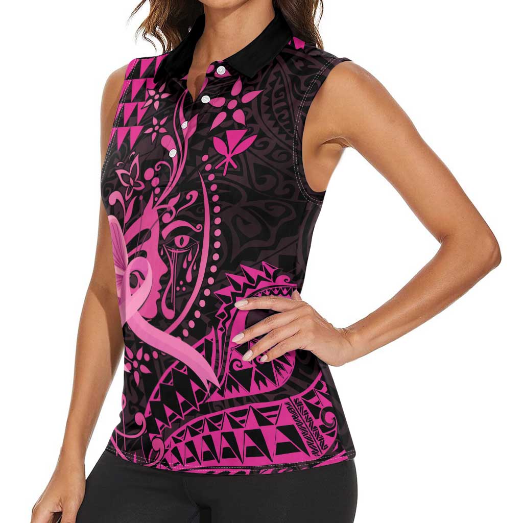 Hawaii Breast Cancer Women Sleeveless Polo Shirt Girl Floral Kakau Pattern
