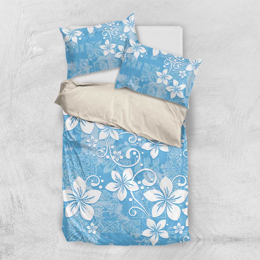 Fiji Tapa Pattern Bedding Set Plumeria Floral LT01 US Twin 172cm x 218cm Blue - Polynesian Pride