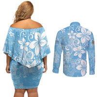 Fiji Tapa Pattern Couples Matching Off Shoulder Short Dress and Long Sleeve Button Shirt Plumeria Floral