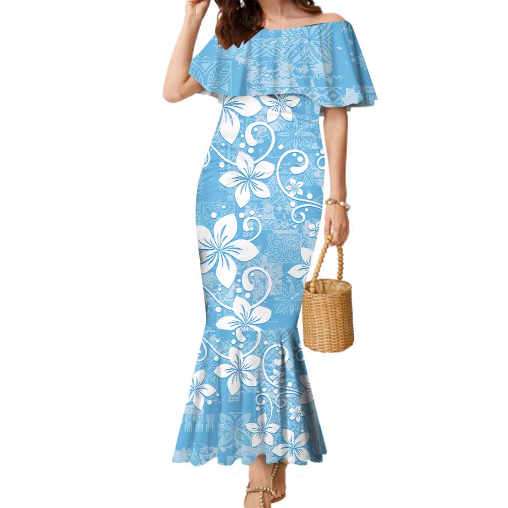 Fiji Tapa Pattern Family Matching Mermaid Dress and Hawaiian Shirt Plumeria Floral