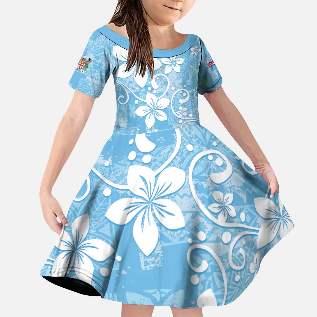 Fiji Tapa Pattern Kid Short Sleeve Dress Plumeria Floral LT01 KID Blue - Polynesian Pride