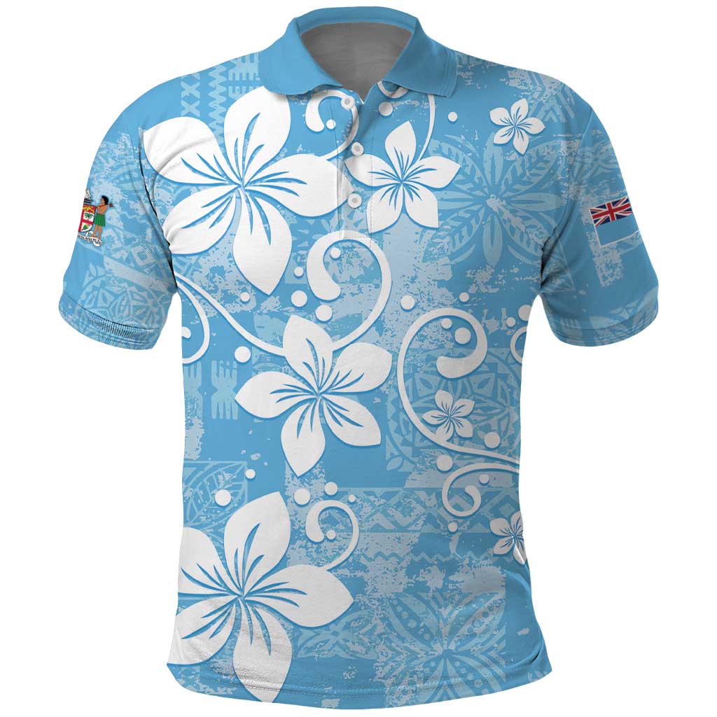 Fiji Tapa Pattern Polo Shirt Plumeria Floral LT01 Blue - Polynesian Pride