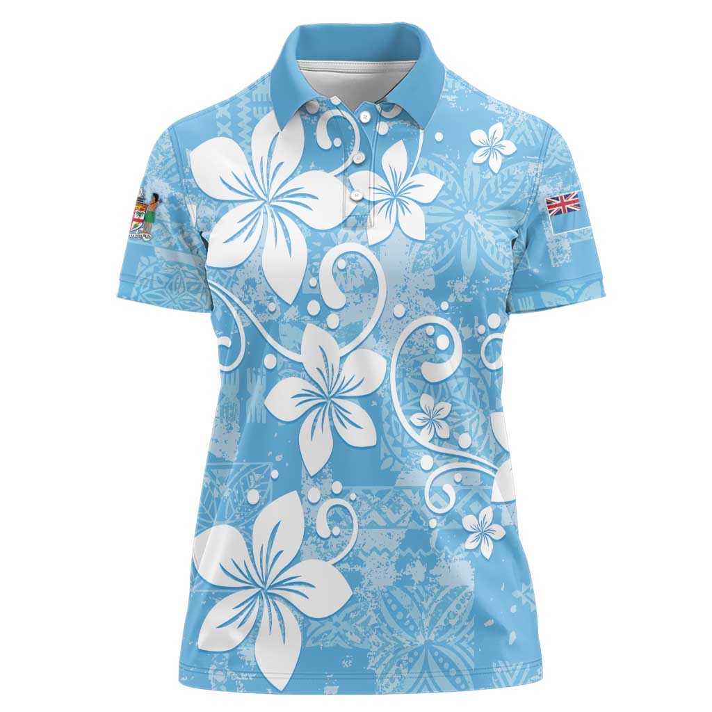 Fiji Tapa Pattern Women Polo Shirt Plumeria Floral LT01 Female Blue - Polynesian Pride