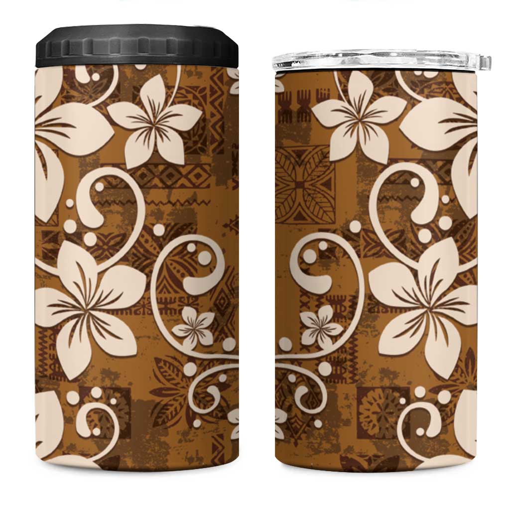 Plumeria Floral Tapa Pattern Vintage Gold 4 in 1 Can Cooler Tumbler