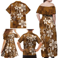 Plumeria Floral Tapa Pattern Vintage Gold Family Matching Off Shoulder Maxi Dress and Hawaiian Shirt