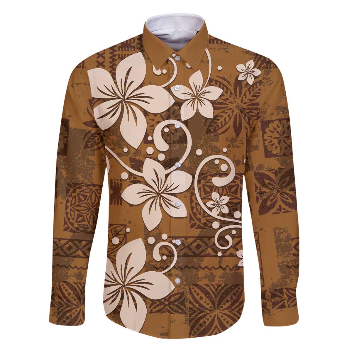 Plumeria Floral Tapa Pattern Vintage Gold Family Matching Off Shoulder Short Dress and Hawaiian Shirt