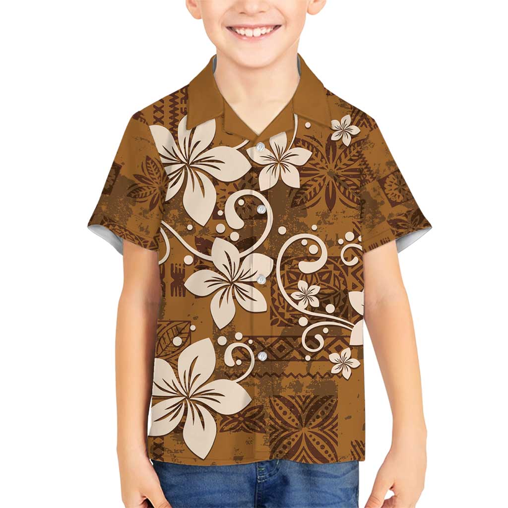 Plumeria Floral Tapa Pattern Vintage Gold Family Matching Summer Maxi Dress and Hawaiian Shirt