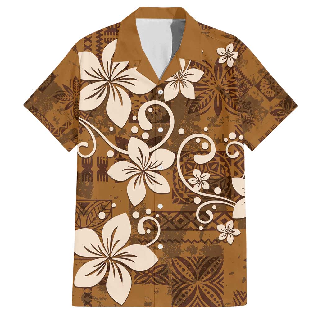 Plumeria Floral Tapa Pattern Vintage Gold Family Matching Tank Maxi Dress and Hawaiian Shirt
