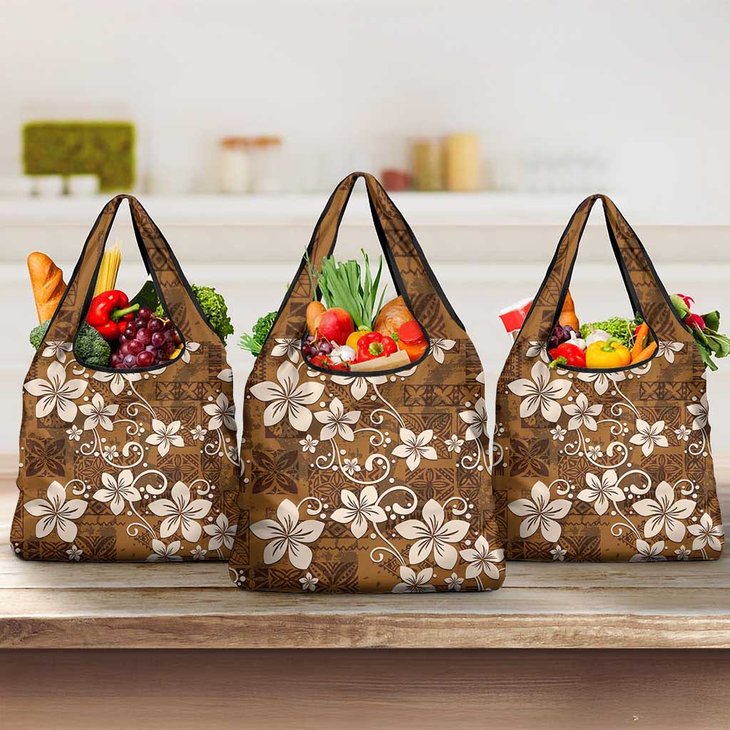 Plumeria Floral Tapa Pattern Vintage Gold Grocery Bag