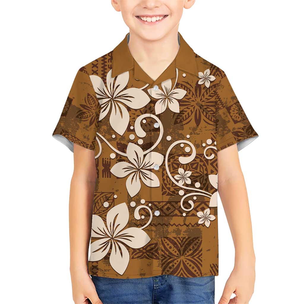 Plumeria Floral Tapa Pattern Vintage Gold Kid Hawaiian Shirt LT01 Kid Gold - Polynesian Pride