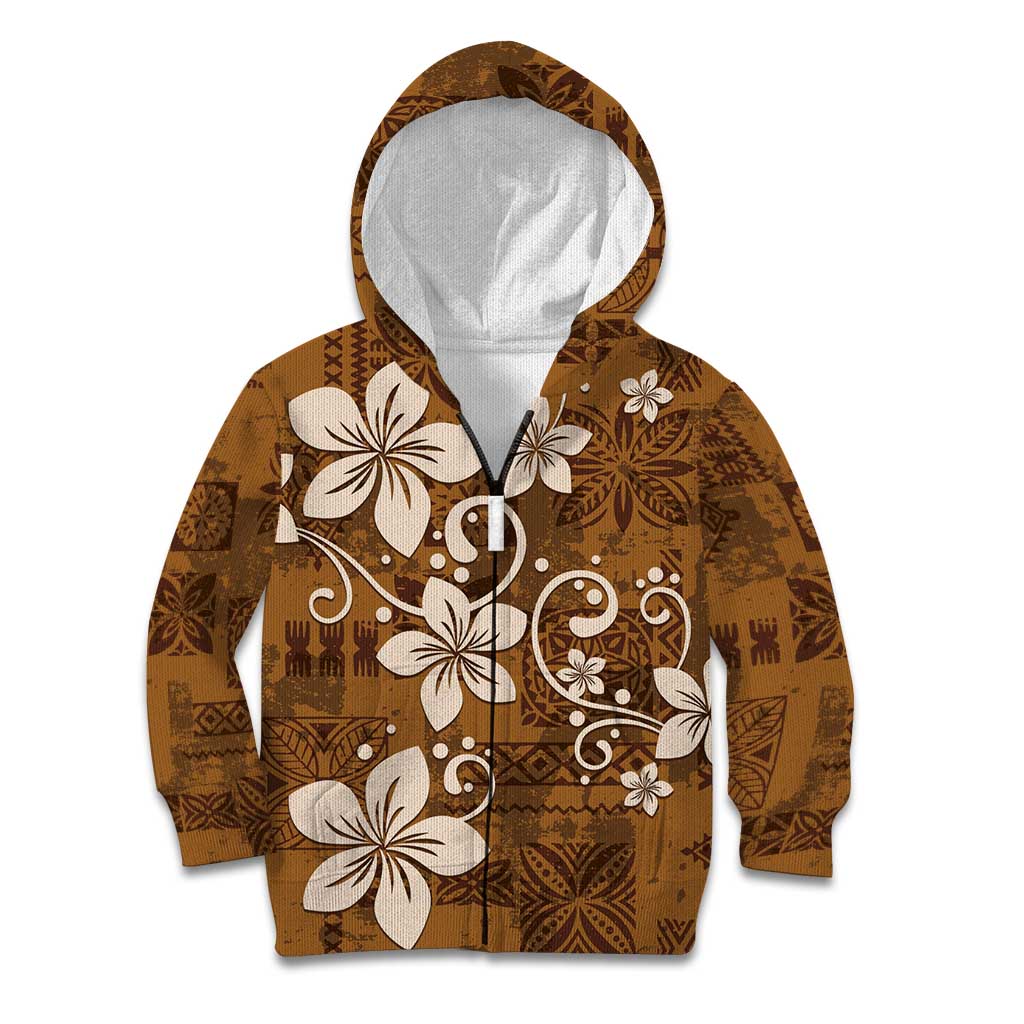 Plumeria Floral Tapa Pattern Vintage Gold Kid Hoodie LT01 Zip Hoodie Gold - Polynesian Pride