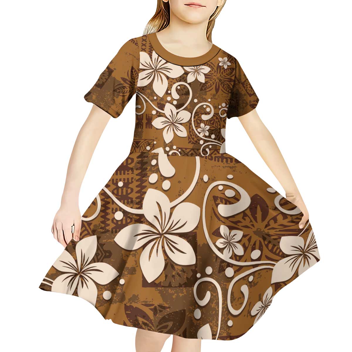 Plumeria Floral Tapa Pattern Vintage Gold Kid Short Sleeve Dress LT01 - Polynesian Pride