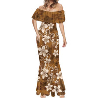 Plumeria Floral Tapa Pattern Vintage Gold Mermaid Dress