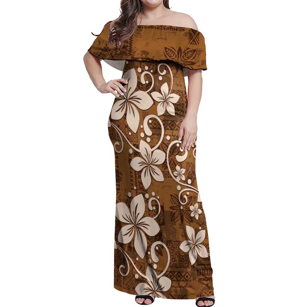 Plumeria Floral Tapa Pattern Vintage Gold Off Shoulder Maxi Dress LT01 Women Gold - Polynesian Pride