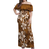 Plumeria Floral Tapa Pattern Vintage Gold Off Shoulder Maxi Dress LT01 Women Gold - Polynesian Pride